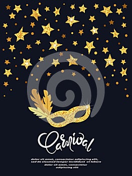 Carnival vector poster with golden mask and stars