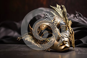 Carnival Venetian gold mask for the table. Madi gras, Puri. AI generation
