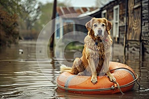 Carnivore animal, companion dog sitting on life preserver in flooded area