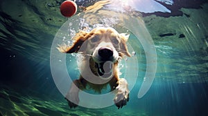 Carnivore Canidae dog swimming underwater with ball in its mouth