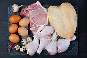 Carnivore diet concept. Raw ingredients for zero carb diet - meat, poultry, eggs on brown background.