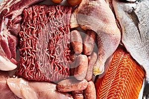 Carnivore diet or low carb diet background concept. Raw animal meat products beef, minced pork and sausages, chicken