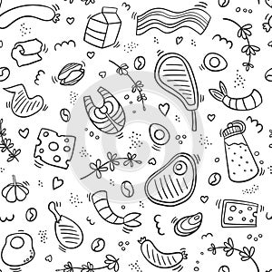 Carnivore diet seamless outline pattern. Food pattern with pork, meat, shrimp, egg, cheese, sausage, fish, steak, rosemary.