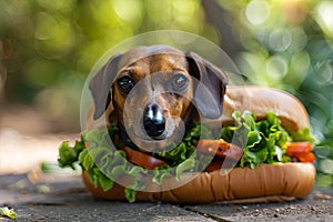 Carnivore dog breed, a dachshund, lounging on hot dog with lettuce and tomatoes.Generative AI