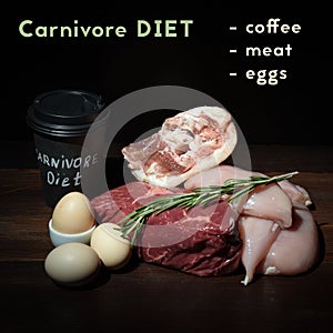 Carnivore keto diet. coffee eggs, beef steak, chicken breast and pork shank assorted meat near a board made of natural wooden