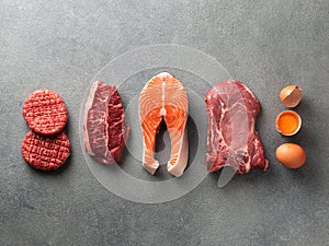 Carnivore or keto diet, zero or low carb concept, top view