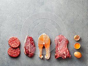 Carnivore or keto diet, zero or low carb concept, top view