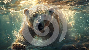 A carnivore organism, a polar bear, swims fluidly underwater in the ocean