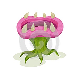 Carnivore plant with teeth, fantastic malicious killer flower vector Illustration on a white background