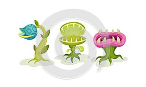 Carnivore Plants or Monster Flowers as Fantastic Flora Vector Set