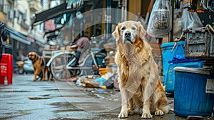 A carnivorous companion dog is resting on the sidewalk in front of a store