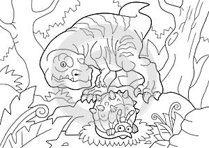 Carnivorous dinosaur tyrannosaurus, went hunting, coloring book, funny illustration