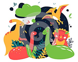Carnivorous and herbivorous dinosaurs - flat design style colored illustration