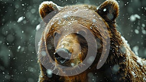 A carnivorous Kodiak bear with brown fur standing in snow, gazing at the camera