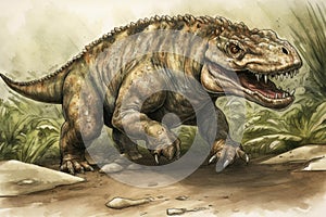 A Carnotaurus sprinting with daggerlike teeth.. AI generation