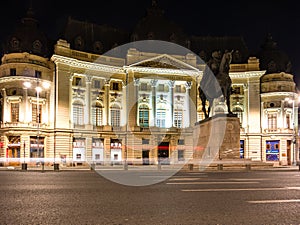 Carol I University foundation and Central University Library of Bucharest. An emblematic bulding in Bucharest at night