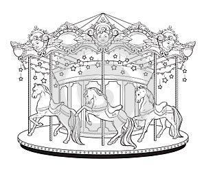 Carousel cute merry go round with horses coloring book pages for kids and adults hand drawn vector illustration