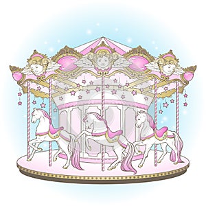 Carousel cute merry go round with horses design for kids in pastel colors hand drawn vector illustration