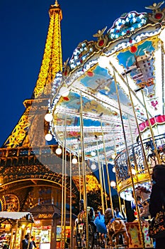 Carousel and the Eiffel Tower Paris France with night light