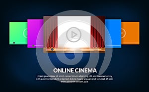 Carousel of list film for online streaming video cinema concept with red curtain stage show for film preview