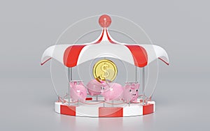 Carousel or merry go round with piggy bank, coin isolated. 3d render illustration