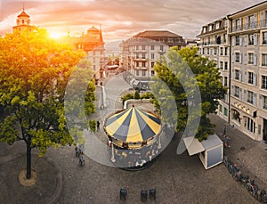 Carousel in Old Town, Geneva,  Beautiful Sunrise Over Geneva Old City,  Skyline View,  Switzerland