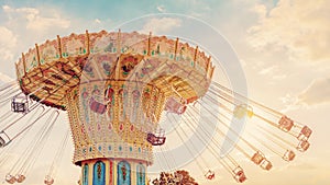 Carousel ride spins fast in the air at sunset - vintage filter e