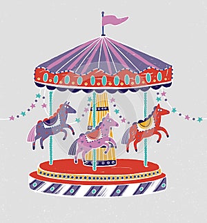 Carousel, roundabout or merry-go-round with adorable horses or ponies. Amusement ride for children`s entertainment