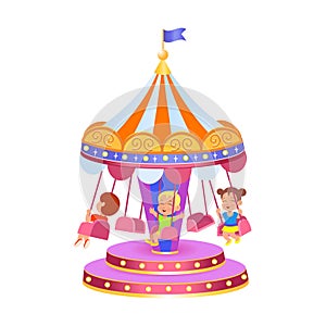 A carousel with swings, vector Illustration on a white background. Amusement park. Vector illustration for children.