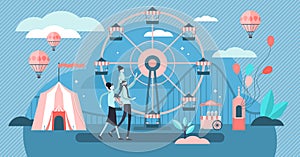 Carousel vector illustration. Tiny amusement park family persons concept.