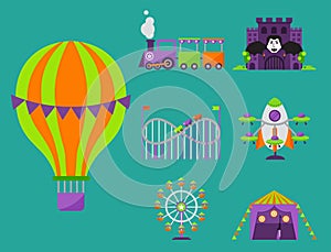 Carousels amusement attraction park side-show kids outdoor entertainment construction vector illustration.