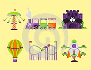 Carousels amusement attraction park side-show kids outdoor entertainment construction vector illustration.