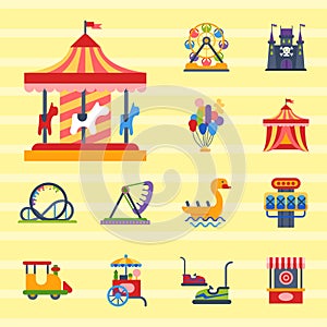 Carousels amusement attraction park side-show kids outdoor entertainment construction vector illustration.