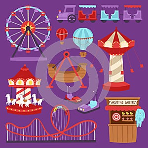 Carousels amusement attraction side-show kids park construction vector illustration.