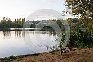 Carp Angling scenic landscape overlooking lake at Dawn