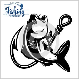 Carp fish. Fishing club sign or emblem. Fisherman sport adventure badge with vector logo.