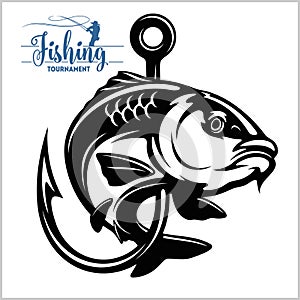 Carp fish. Fishing club sign or emblem. Fisherman sport adventure badge with vector logo. photo