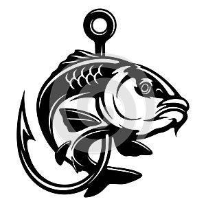 Carp fish and fishing hook - Fishing logo. Template club emblem. Fishing theme vector illustration.