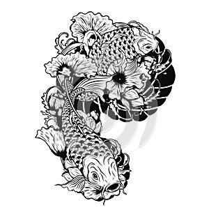Carp fish with lotus vector tattoo by hand drawing