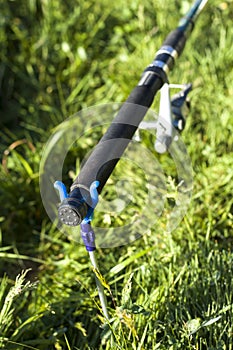 Carp fishing. Angled rod set on racks against a meadow background.