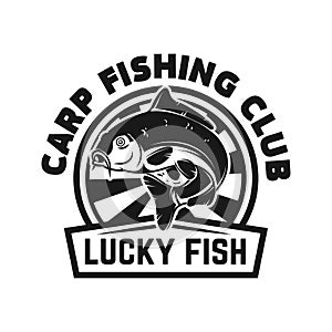 Carp fishing club. Emblem template with carp. Design element for logo, label, sign, poster.