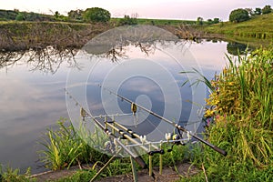 Carp fishing concept. Rods on rod pod at green coast of small river