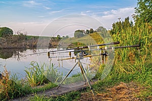 Carp fishing concept. Rods on rod pod at green coast of small river
