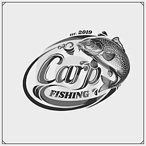 Carp fishing emblem. Black and white realistic graphics.