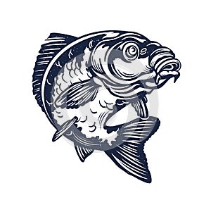 Vintage Carp Fishing Logo. Black and white. Vector Illustration. photo