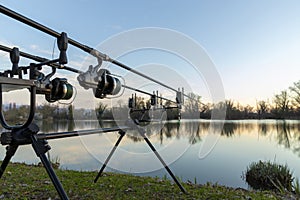 Carp fishing rods on a lake