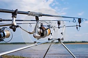 Carp fishing rods with reel set up on support system.