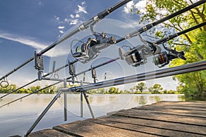 Carp fishing. Rods on rod pod on wood platform at lake