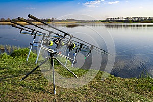 Carp fishing rods standing on rod pod near the lake during sunrise. Morning fishing on the lake under blue sky