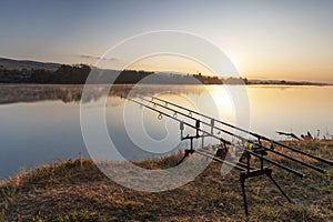 Carp fishing rods at sunrise